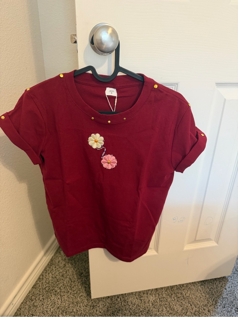 Burgundy Short Sleeve Tee with Floral Appliqués